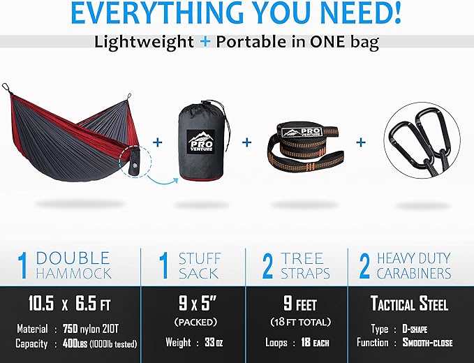 Pro Venture Camping Hammock 500 lb Capacity – Portable Double Hammock with Tree-Friendly Straps and Carabiners, Lightweight for Backpacking, Hiking, Travel, Beach, Backyard