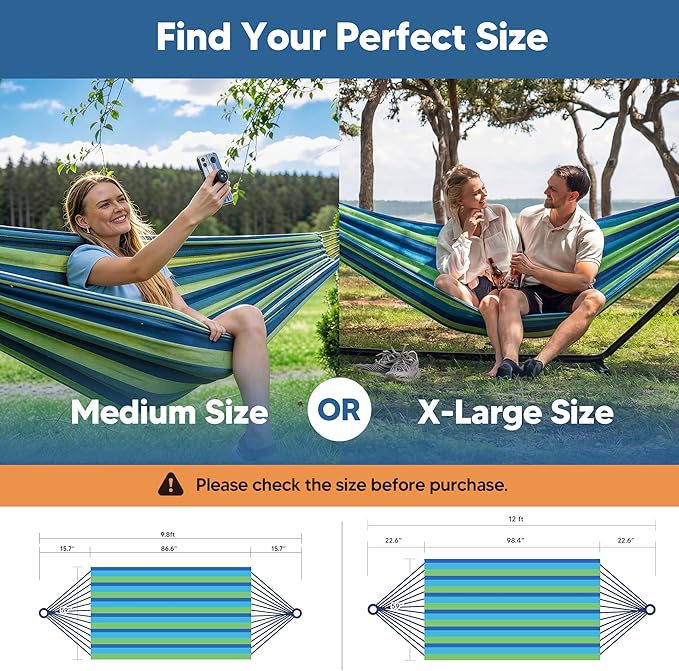 SUNCREAT Portable Tree Hammock, Double Hammocks 2 Person with Outer Bag, Blue Stripe