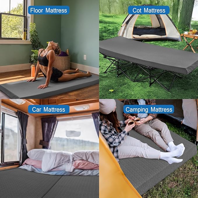 Memory Foam Camping Mattress Pad 3 Inch Thick, Portable Sleeping Pad with Waterproof Cover, Portable Roll Up Cot Mattress Pad Floor Mat for Travel Truck Bed Tent 72" x 24"x 3"