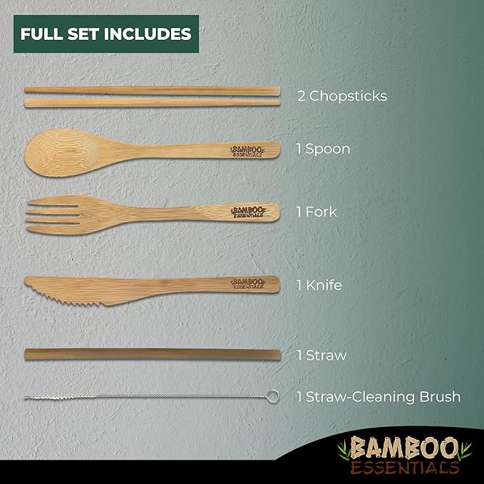 Travel Utensils with Case Set Fork, Knife, Spoon, Chopsticks, Straw, Straw-cleaning brush, Travel Pouch and Carabiner, Excellent For Everyday Use! ((1Set) Midnight Black)