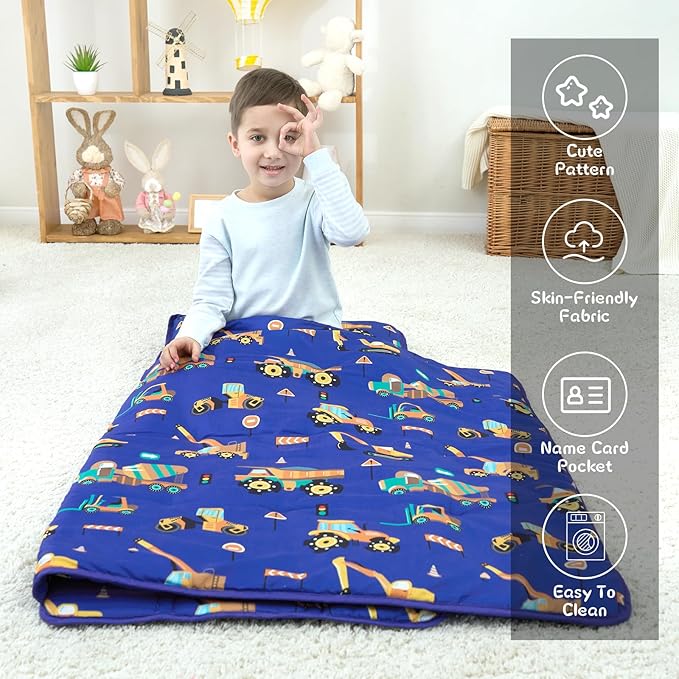 UOMNY Toddler Nap Mat Boys Kids Nap Mats with Removable Pillow and Blanket Engineering Vehicle Toddler Sleeping Bag for Preschool Daycare Blue Excavator 53x21 Inch