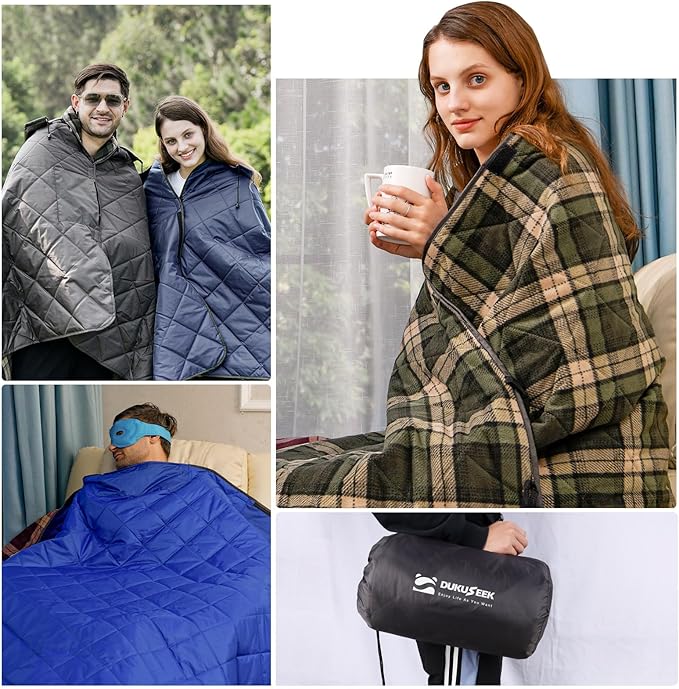 DUKUSEEK Waterproof Camping Blanket with Thick Fleece, Large Outdoor Blanket Windproof with Foldable Hood for Camping Stadium Sporting Events,79"x 58"
