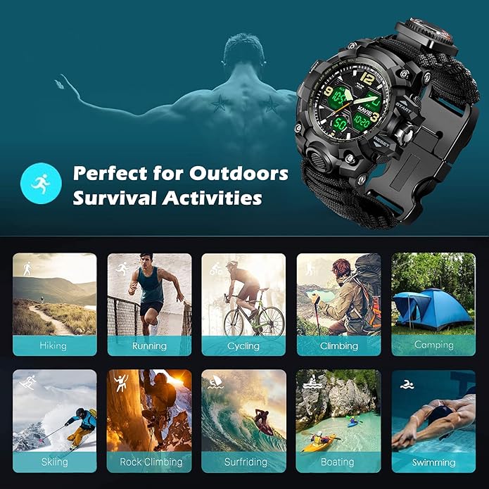 Mens Tactical Military Digital Watch, 23-in-1 Survival Multi-Functional Army Outdoors Waterproof Camouflage Sports Watches Dual Display Analog LED Electronic Wristwatches with Compass Paracord Band