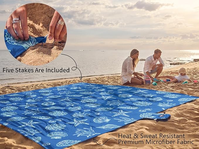 WEKAPO Beach Blanket Waterproof Sandproof Oversized, Extra Large Beach Mat Sand Free, Lightweight & Compact Sand Free Mat with 5 Stakes & 4 Corner Pockets