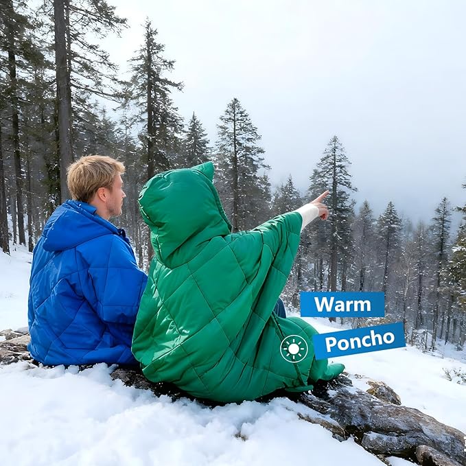Camping Outdoor Blanket, Ultralight Down Alternative Printed Travel Camp Blankets for Sleeping Packable Waterproof Puffy Quilt for Hammock Picnic Stadium Beach Cold Weather (Blue Blanket Poncho)