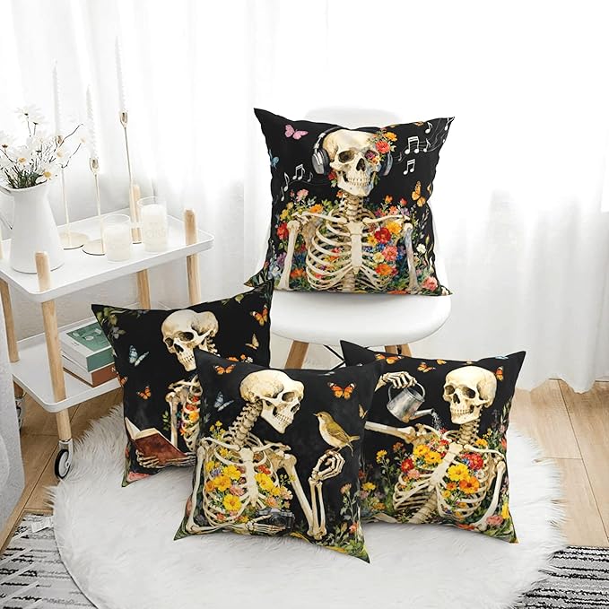 Skull Throw Pillow Covers 18 X 18 Inch Set of 4 Decorative Cushion Cover Home Decor for Sofa Chair Couch Bedroom Living Room