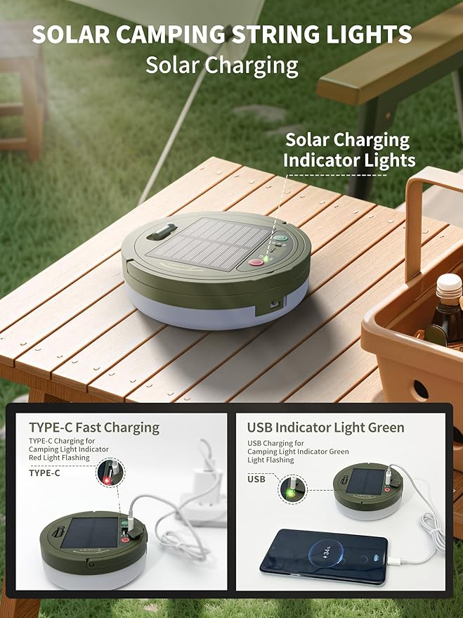 Upgraded Solar Camping String Lights, 33FT Retractable Colored Fairy Solar String Lights Camping with Snap Portable Hanging Tent Lantern for Awning Garden Yard Party Decor