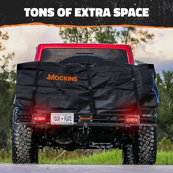 Mockins 72"x36"x6" XXL Folding Trailer Hitch Cargo Carrier w/ 50 CuFt Waterproof Cargo Bag for Hitch Carrier | 500 Lbs Cap Luggage Rack for SUV Car & Truck w/Rear Lights, License Plate Holder & More
