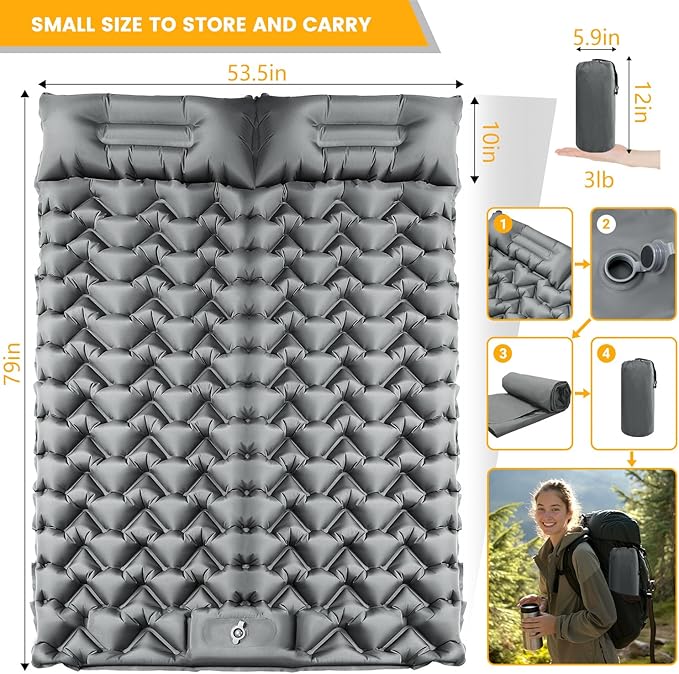 Double Sleeping Pad for Camping, 4" Extra-Thick Ultralight Mat with Built-in Foot Pump & Pillow for Backpacking, Hiking, and Travel Tent, Car Camp Gear