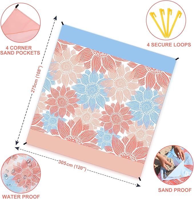 HIHOHO Beach Blanket Waterproof Sandproof Extra Large Beach Mat 79" X 83"/120"x108"for 1-8 Adults Quick Drying Durable Outdoor Picnic Mat for Beach Travel Camping Hiking