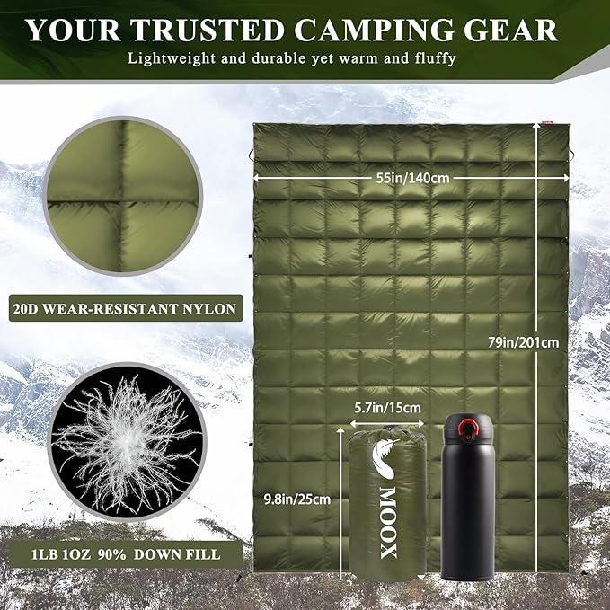 Down Camping Blanket - Packable Down Camping Quilt Backpacking Lightweight Waterproof Outdoor Hiking Stadium Warm Puffy Sleeping Bag 55"x79" Water Resistant Camp Travel Blanket, Green Orange