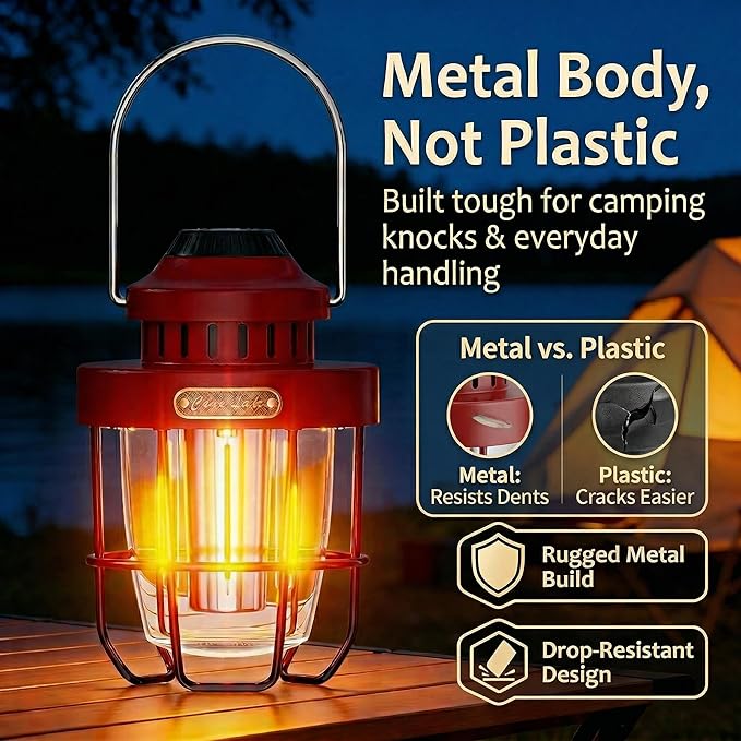 HOMY Vintage Camping Lantern Premium Metal LED Rechargeable Dimmable Warm Light for Glamping, Patio, Home Decor Retro Portable Tent Lamp