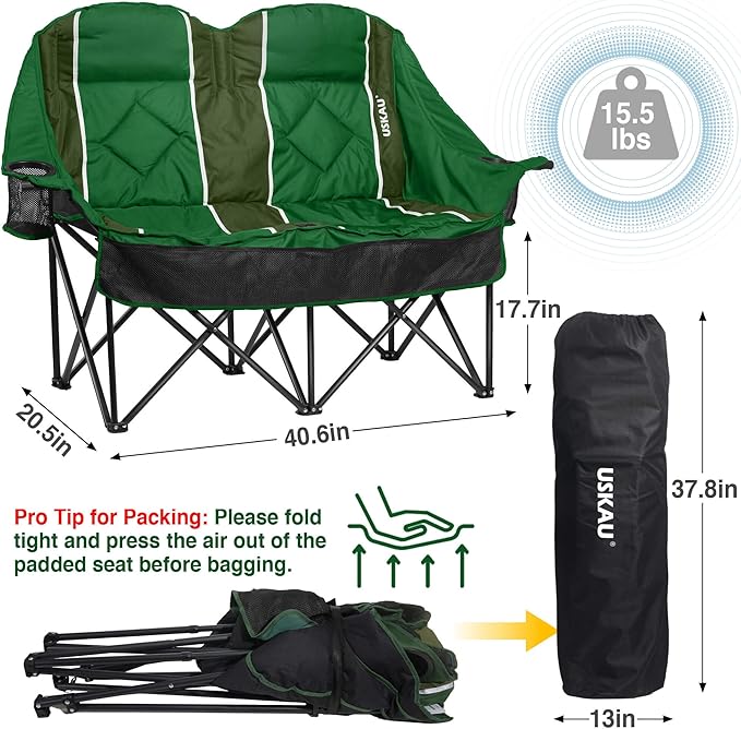 Oversized Double Camping Chair - 2 Person Folding Loveseat for Campfire Snuggle Freedom, Heavy Duty 660LBS Support with Frustration-Free Oversized Carry Bag, Perfect for Couples, Dogs & Sports