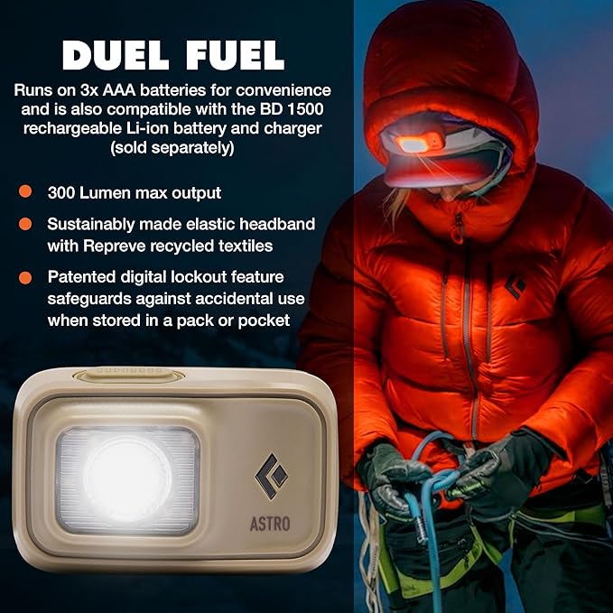 BLACK DIAMOND Astro 300 Headlamp | 300 Lumens Brightness | 3X AAA Battery Operated (Included) | Compact & Lightweight | Ops Dark Tan