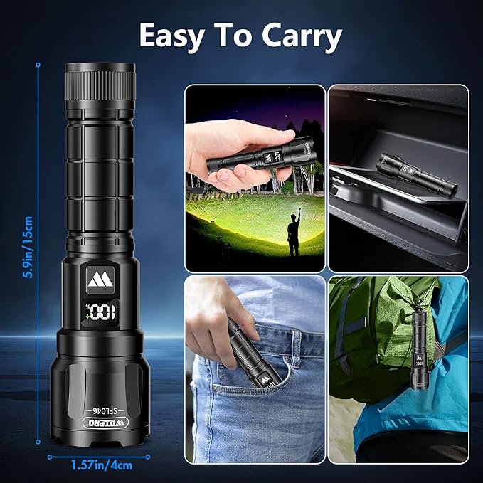 Wdtpro LED Rechargeable Flashlight 2Pack, 3Modes Super Bright High Lumens Flashlights, Zoomable Tactical Flashlight with LCD Display, IP65 Waterproof Flashlights for Home Emergency Camping & Gifts Men