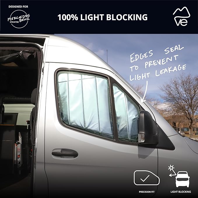 VanEssential Insulated Reflective Blackout Magnetic Window Covers Designed for Mercedes-Benz VS30 (Van Years 2019 to Current), Front Door (Pair), Black Reflective