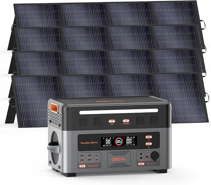 OSCAL 3600W Portable Power Station PowerMax 3600 PE with 4x200W Solar Panel, 2016Wh Solar Generator, 1500W AC Charging, LiFePO4 Battery Power Station for Home Use, Camping, RV, Emergency