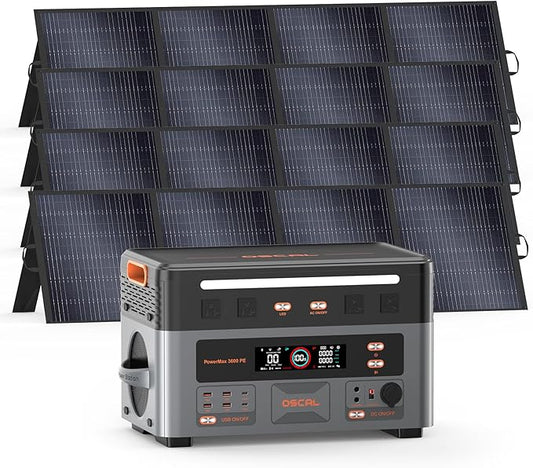 OSCAL 3600W Portable Power Station PowerMax 3600 PE with 4x200W Solar Panel, 2016Wh Solar Generator, 1500W AC Charging, LiFePO4 Battery Power Station for Home Use, Camping, RV, Emergency