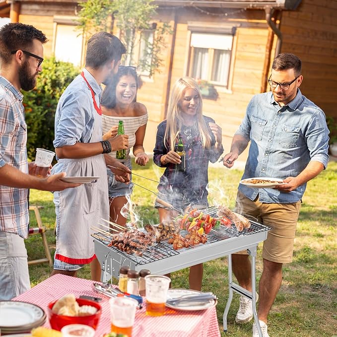 Outvita Portable Charcoal Grill, 28x 13 x 27" Foldable Barbecue Grill, Stainless Steel BBQ Grill for Outdoor Cooking Camping Hiking Picnic Garden Beach Party