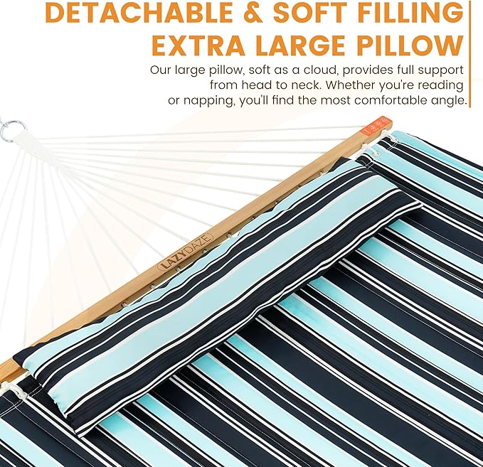 Lazy Daze Hammocks 2 Person Double Quilted Fabric Hammock with Spreader Bar, Detachable Pillow, Side Pocket, Carabiners, Chains, Straps for Outdoor, 450lbs Capacity, Aqua Navy