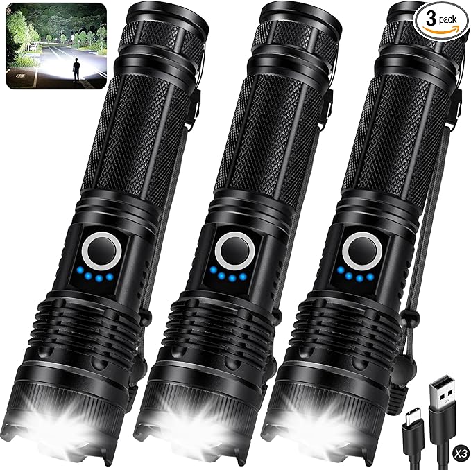 KINGCAESAR 3 Pack Flashlights 990000 High Lumens - Super Bright Rechargeable Flashlight with 5 Light Modes, IPX7 Waterproof Powerful LED Flash Light for Home, Camping