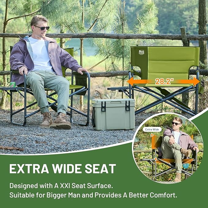 TIMBER RIDGE XXL Director’s Chair – Heavy Duty Folding Chair with Side Table, 500 lb Capacity, Extra Wide Padded Seat for Camping, Sports, Beach, Patio, and Outdoor Use, Green-2 Pack