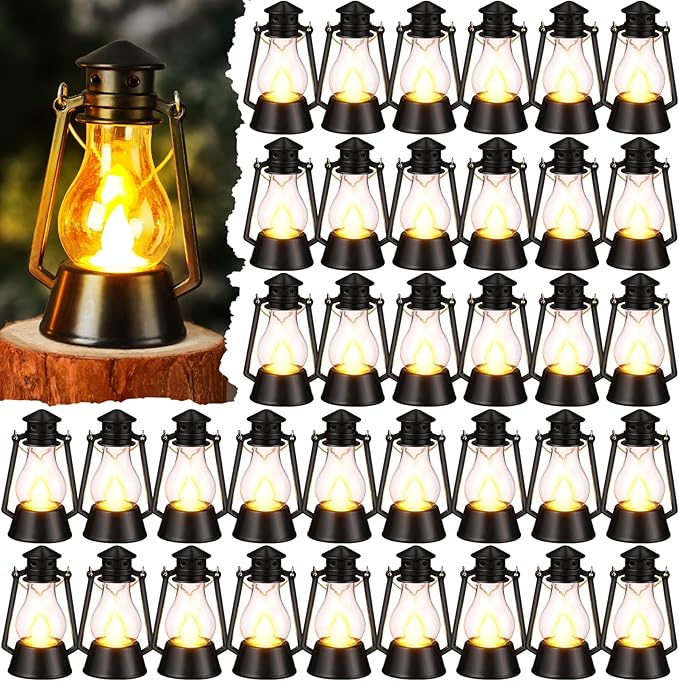 Ferraycle 36 Pcs Mini Lantern for Centerpiece Western Wedding Decor 4 Inch Camping Decorative with LED Candle Vintage Hanging Lantern Ornaments Bulk for Cowboy Cowgirl Xmas Party Decoration (Black)