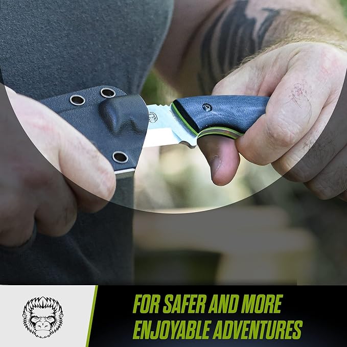 Holtzman's Gorilla Survival Tanto Fixed Blade Neck Knife with Kydex Sheath & Ferro Rod (Silver+Green) - Ideal for Outdoor Activities and Everyday Carry