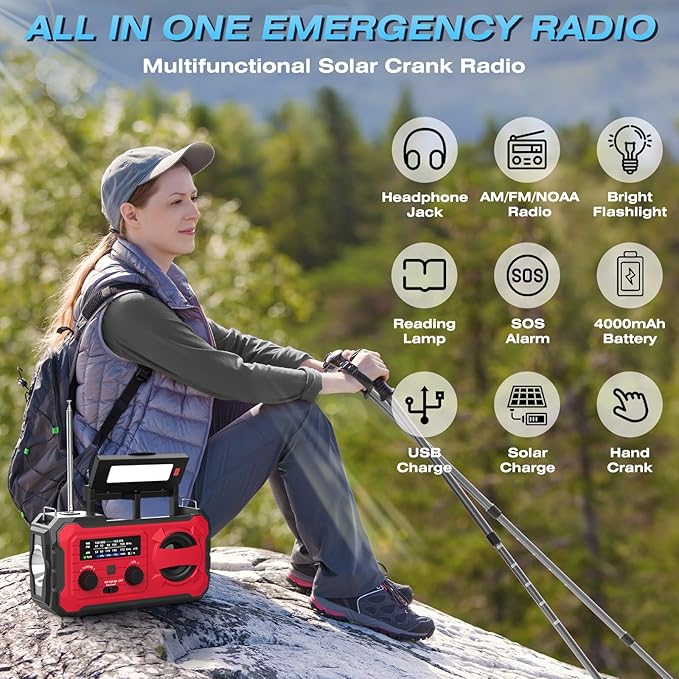 NITIGO 10000mAh Emergency Radio, NOAA Weather Radio with AM/FM, 37000mWh Rechargeable Phone Power, USB/Solar/Hand Crank Charging, LED Flashlight, SOS Alarm, Reading Lamp for Indoor/Outdoor Emergencies