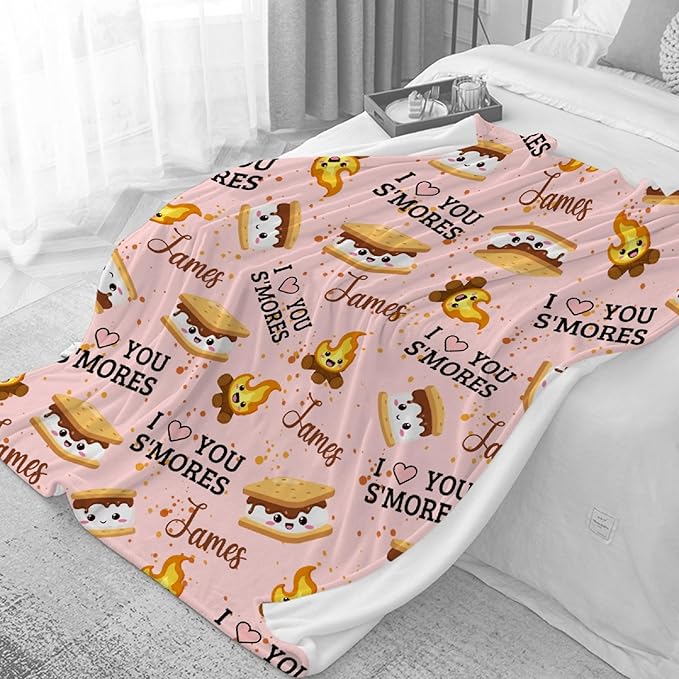 Custom S'Mores Blanket with Name | Personalized Marshmallow Blanket for Girls Boys | Ultra Soft Customized Cookie Throw for Couch/Sofa/Travel/Camping Home Decor - 50"x60"-Teens/Travel Size