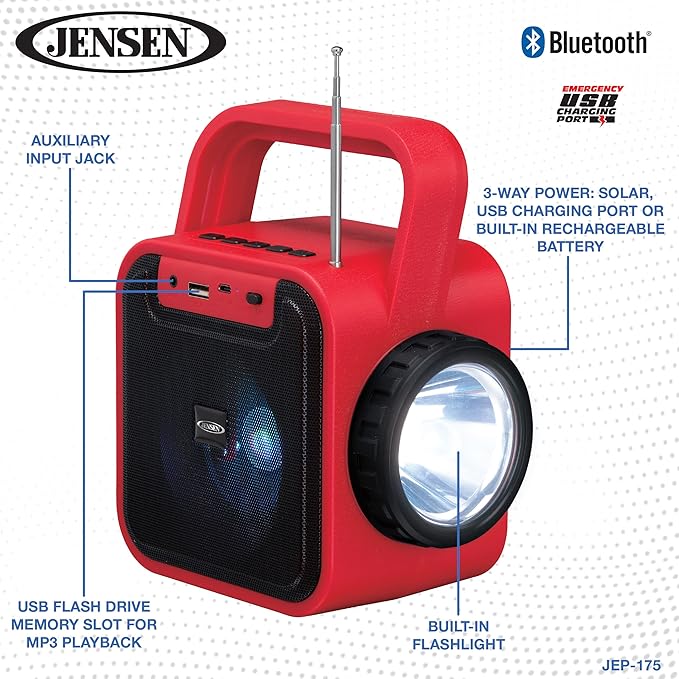 Jensen JEP-175 Portable Rechargeable Bluetooth Speaker with FM Radio, Flashlight, Solar Panel, and USB Port, Red, JEP-175