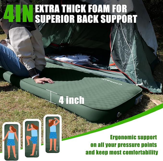 NYECHTO Self Inflating Sleeping Pad for Camping, 4" Extra-Thick Memory Foam Camping Mattress with Electric Pump, Fast Inflate & Deflate,9.5 R-Value Insulated Camping Pad for Car Travel Tent Cot, Green