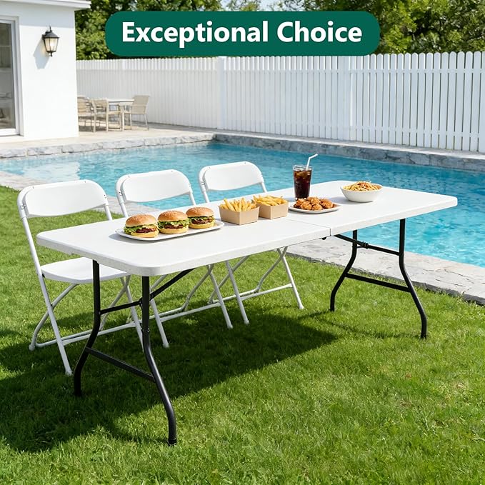 Folding Table 72" x 30" - Heavy Duty Plastic Table with Handle, Foldable & Portable, Fold-in-Half Utility Tables for Outdoor, Dining, Wedding, Events, Indoor, Picnic, Camping, Party (White)