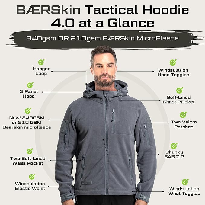 Baerskin Tactical Hoodie Jacket for Men 4.0 - Military Style Fleece Sweater for Cold, Rain, Wind or Snow