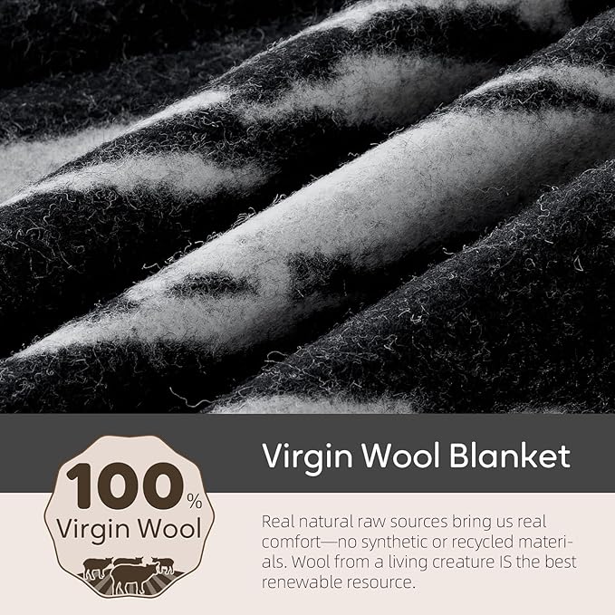 Molithe 100% Wool Blanket, 62" x 86", Warm, Thick, Washable, Military Wool Blanket, Great for Camping, Outdoors, Sporting Events, Survival Kits,Black White Striped