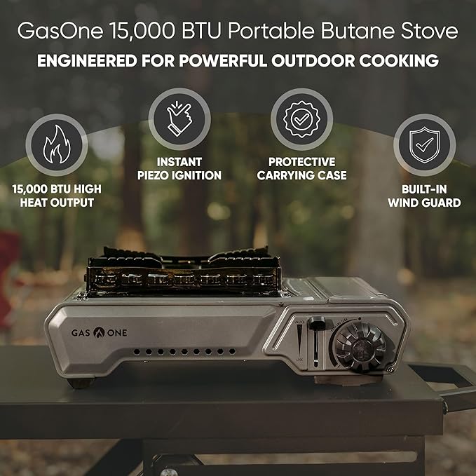 GasOne GS-5900A 15,000 BTU Portable Butane Camping Stove with Heavy Duty Case: Automatic Ignition, High Output, Precise Heat Control - Camping & Tailgating and Outdoor Cooking