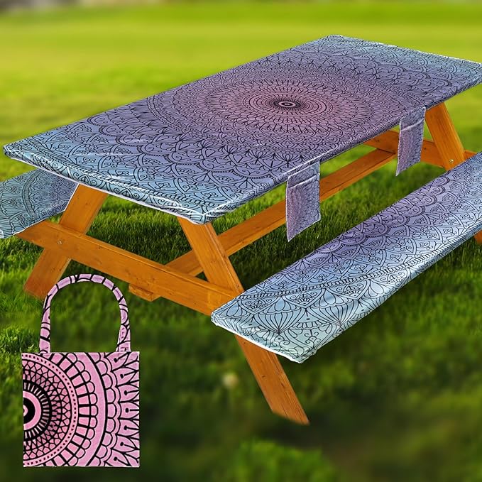 Picnic Table Cover with Bench Covers Vinyl Elastic Edges Fitted Rectangle Seat Tables Waterproof 3-Piece72X30in Set Outdoor Rectangular Folding Backing Tablecloth for Camping Over Size