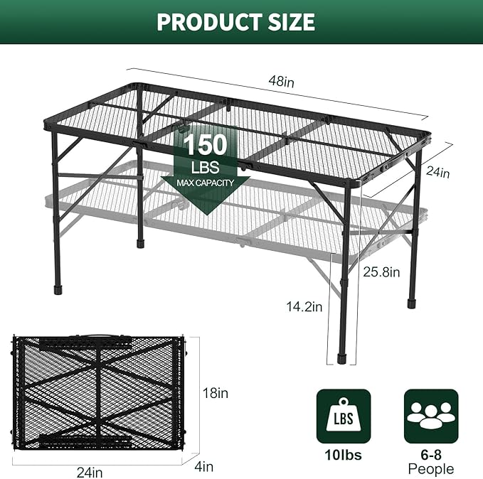 WildFinder Folding Gril Table, 4x2 FT Camping Table with Mesh Desktop,Height Adjustable Folding Grill Table with Mesh Bag,Portable Outdoor for Picnic,Camping,BBQ,Beach(Black)