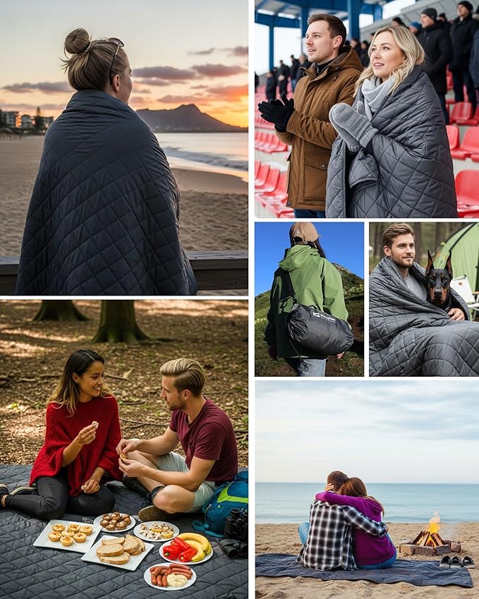 DUKUSEEK Waterproof Stadium Blanket (NO Hood), Outdoor Blankets Waterproof Windproof for Cold Weather, Emergency Warm Blanket with Quilted Cotton and Thick Fleece for Picnic, Camping, Outdoor Sports