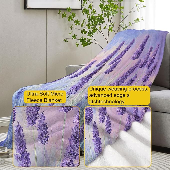 Lavender Fields Flannel Blanket, Floral Gifts, Lavender-Themed Blanket for Women, Soft Lightweight Throw Blankets for Bed Home Travel Decor 50" x 60"