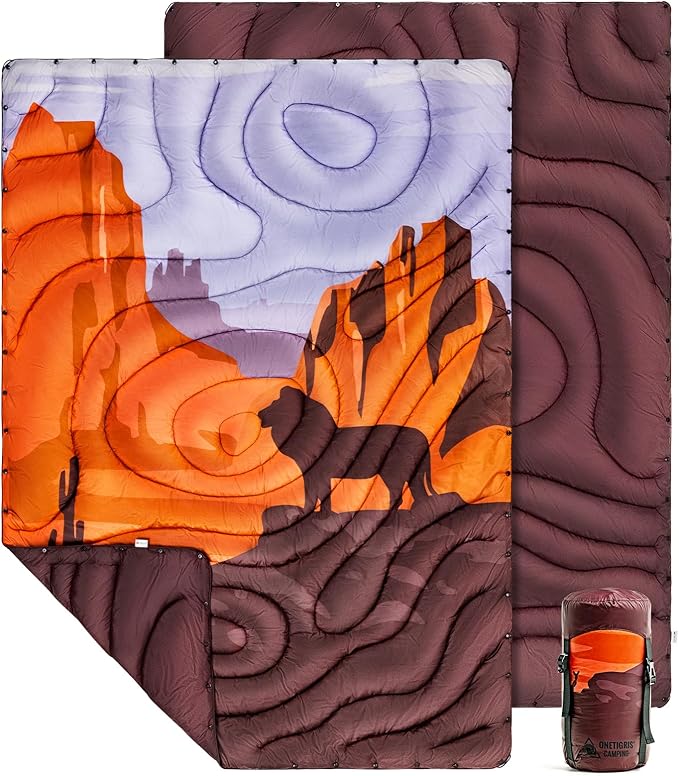 ONETIGRIS Ultralight Camping Blanket, Packable Puffy Quilt Puffy Printed Camping Blanket with Snap Buttons & Corner Loops for Backpacking, Hiking & Travel