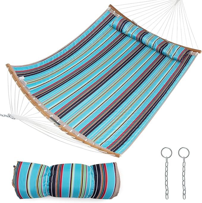 Tangkula 11FT Double Hammock, Heavy Duty Outdoor Hammock with Curved Spreader Bars, Detachable Pillow, 2 Person Hammocks for Outside, Porch, Patio (Blue)
