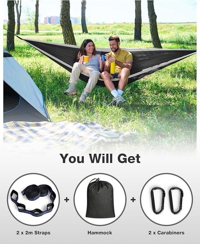 MOSFiATA Camping Hammock, Heavy Duty up to 700lbs with 2 Tree Straps and Attached Carry Bag Portable Outdoor Hammock for Backpacking Hiking Travel,Beach（Black Grey