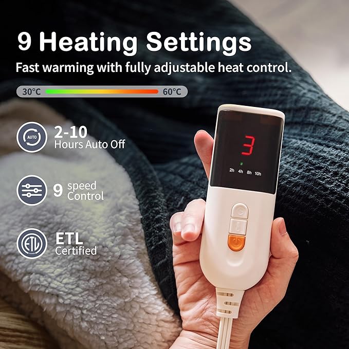 Texciting Heated Blanket Electric Blanket Throw 50''X60''-Heating Blanket with 9 Heat Settings-2-10 Hours Auto Off,ETL Certified,Machine Washable (Black)