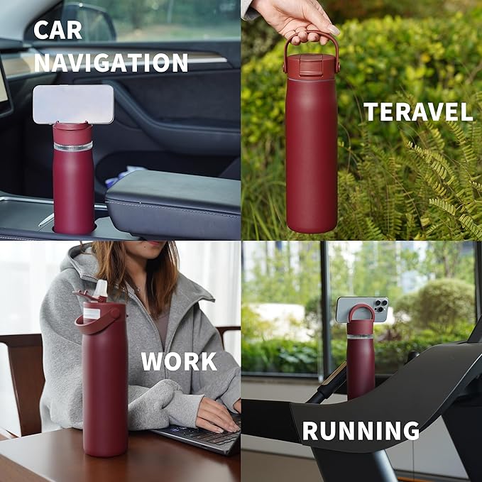 LISI 24oz Insulated Water Bottle, Double Wall Stainless Steel Water Bottles with Straw, 100% Leak-Proof Travel Thermal Canteen Mug with 2 Lids (Straw, Phone Holder Lid)