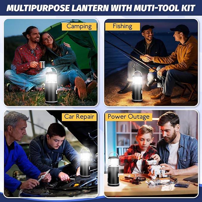 4 Pack Hunting and Fishing Gifts for Men/dad, LED Camping Lantern with 15pcs Multi Tool Kit Portable Emergency Lantern with Screwdriver for Outdoors Father's Day Birthday Present for Dad