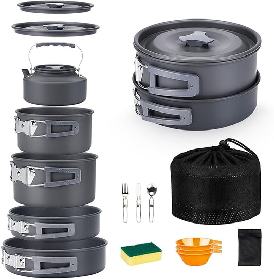 Alocs Camping Cookware Set - Lightweight Camping Pots and Pans - Portable Outdoor Cookware with Kettle - Camping Cookware Mess Kit for 2