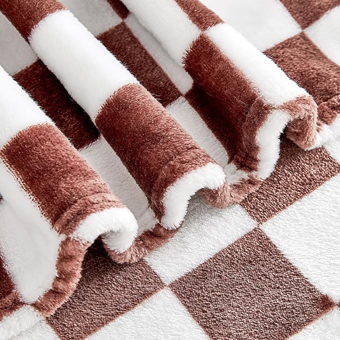 Edenleaf Brown Checkered Blanket, Ultra Soft Cozy Flannel - Checkered Grid Print Throws for Bed Sofa Couch, Luxury Throw Blanket for All Seasons, 50x60 Inch, Brown
