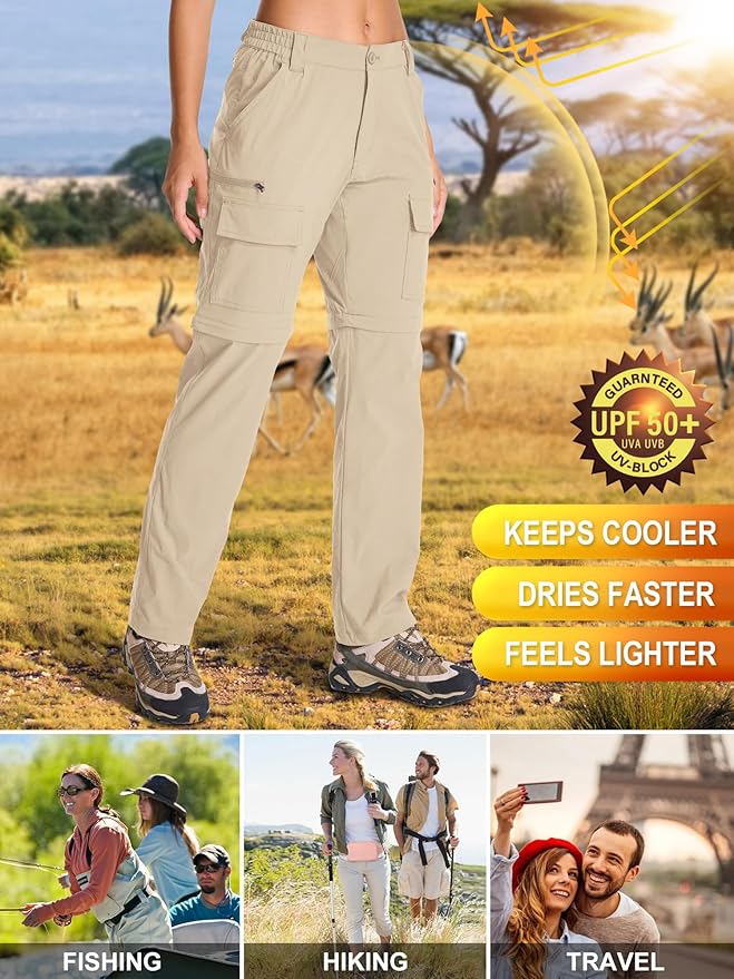 Womens Hiking Pants Convertible Quick Dry Stretch Lightweight Zip Off Outdoor Safari Pants with Cargo Pockets