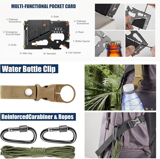 Survival Kit and Emergency Gear - 66 in 1 Outdoor Equipment with First Aid Fire ,Starter, Knife, Compass for Camping, Hiking, Gifts for Men